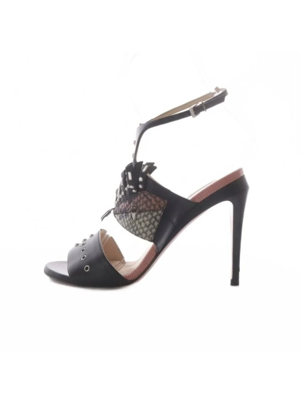Fendi Rocker Bug Sandals Shoes Black Pink Beige Studded Pin Heels High 36